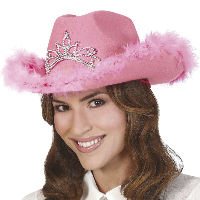 Gorro de vaquero rosa con boa